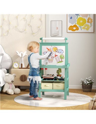 AIYAPLAY 3 in 1 Kids Easel Double-Sided Magnetic Whiteboard and Chalkboard with Paper Roll, Storage Baskets - Green
