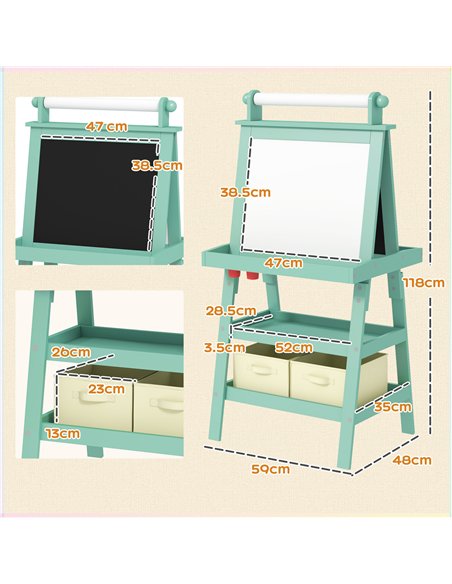 AIYAPLAY 3 in 1 Kids Easel Double-Sided Magnetic Whiteboard and Chalkboard with Paper Roll, Storage Baskets - Green - pic 126626 | FastDaddyshop