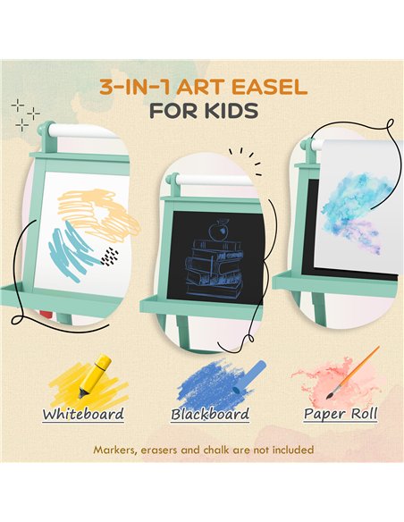AIYAPLAY 3 in 1 Kids Easel Double-Sided Magnetic Whiteboard and Chalkboard with Paper Roll, Storage Baskets - Green - pic 126627 | FastDaddyshop