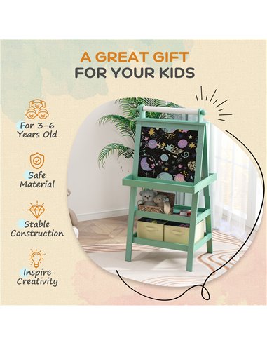 AIYAPLAY 3 in 1 Kids Easel Double-Sided Magnetic Whiteboard and Chalkboard with Paper Roll, Storage Baskets - Green
