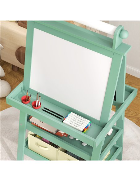 AIYAPLAY 3 in 1 Kids Easel Double-Sided Magnetic Whiteboard and Chalkboard with Paper Roll, Storage Baskets - Green - pic 126631 | FastDaddyshop