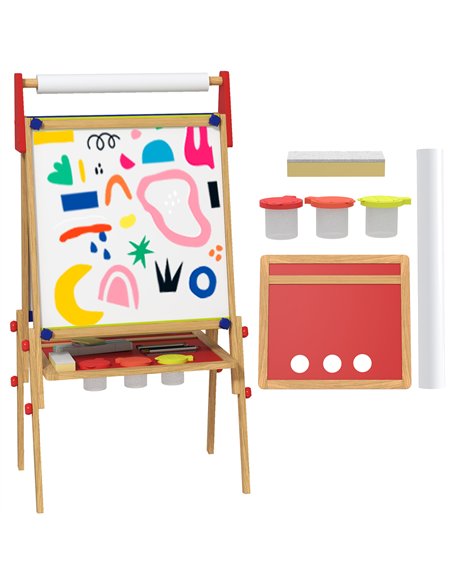 AIYAPLAY 3-in-1 Wooden Kids Easel with Paper Roll, Whiteboard, Chalkboard, Painting Accessories - pic 126633 | FastDaddyshop