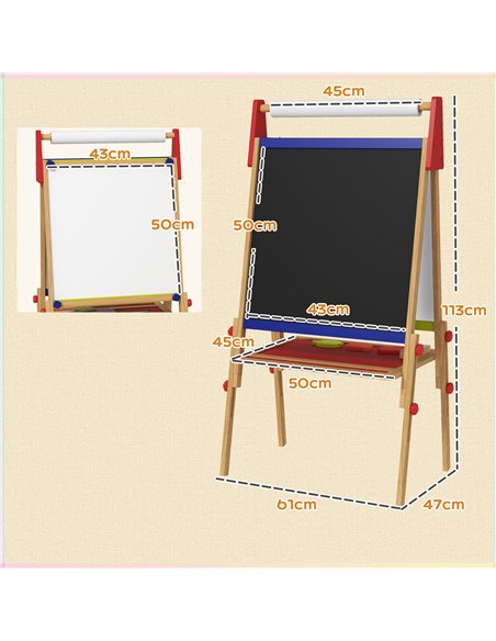 AIYAPLAY 3-in-1 Wooden Kids Easel with Paper Roll, Whiteboard, Chalkboard, Painting Accessories - pic 126635 | FastDaddyshop