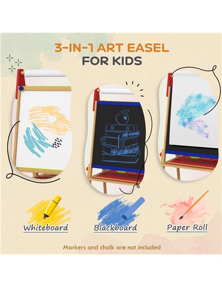 AIYAPLAY 3-in-1 Wooden Kids Easel with Paper Roll, Whiteboard, Chalkboard, Painting Accessories - pic 126636 | FastDaddyshop