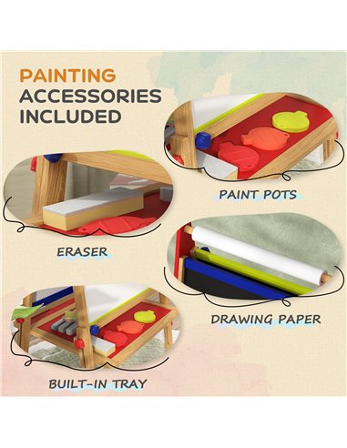 AIYAPLAY 3-in-1 Wooden Kids Easel with Paper Roll, Whiteboard, Chalkboard, Painting Accessories