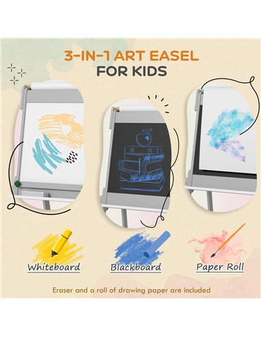 AIYAPLAY Art Easel for Kids with Paper Roll, Double Sided Painting Easel with Chalk Board, White Board