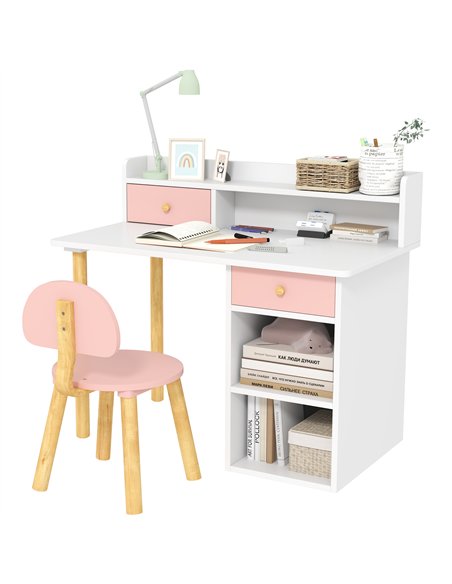 AIYAPLAY 2 Pieces Children Study Table with Hutch, Kids Desk and Chair Set with Storage Drawer, Shelves - Pink - pic 126651 | FastDaddyshop