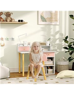AIYAPLAY 2 Pieces Children Study Table with Hutch, Kids Desk and Chair Set with Storage Drawer, Shelves - Pink 2