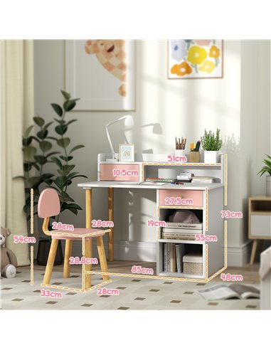 AIYAPLAY 2 Pieces Children Study Table with Hutch, Kids Desk and Chair Set with Storage Drawer, Shelves - Pink