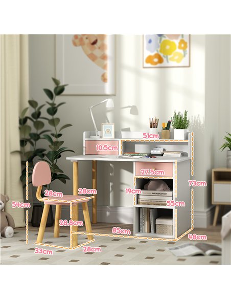 AIYAPLAY 2 Pieces Children Study Table with Hutch, Kids Desk and Chair Set with Storage Drawer, Shelves - Pink - pic 126653 | FastDaddyshop