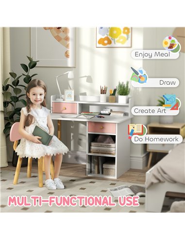 AIYAPLAY 2 Pieces Children Study Table with Hutch, Kids Desk and Chair Set with Storage Drawer, Shelves - Pink