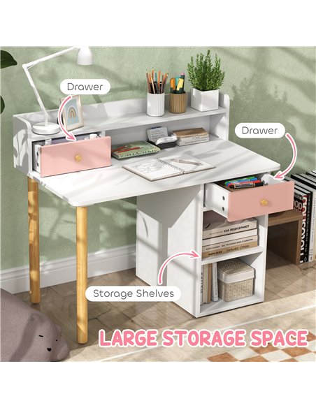 AIYAPLAY 2 Pieces Children Study Table with Hutch, Kids Desk and Chair Set with Storage Drawer, Shelves - Pink - pic 126655 | FastDaddyshop