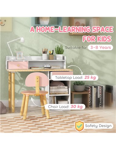 AIYAPLAY 2 Pieces Children Study Table with Hutch, Kids Desk and Chair Set with Storage Drawer, Shelves - Pink
