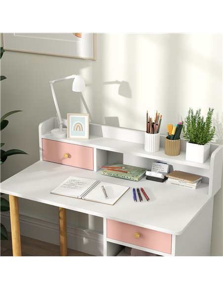 AIYAPLAY 2 Pieces Children Study Table with Hutch, Kids Desk and Chair Set with Storage Drawer, Shelves - Pink - pic 126658 | FastDaddyshop
