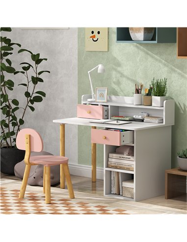 AIYAPLAY 2 Pieces Children Study Table with Hutch, Kids Desk and Chair Set with Storage Drawer, Shelves - Pink