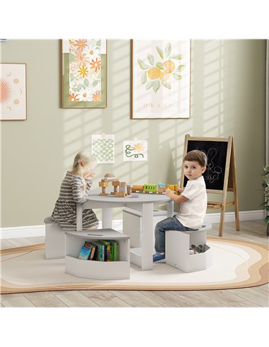 AIYAPLAY 5-Piece Kids Table and Chairs Set with Storage for Toddler 3-8 Years Old, Grey