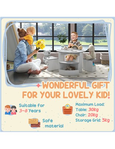 AIYAPLAY 5-Piece Kids Table and Chairs Set with Storage for Toddler 3-8 Years Old, Grey