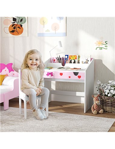 AIYAPLAY Children Study Table and Chair, Kids Desk and Chair Set with Storage, Pull-out Drawer, Gift for 3-6 Years Old - Pink