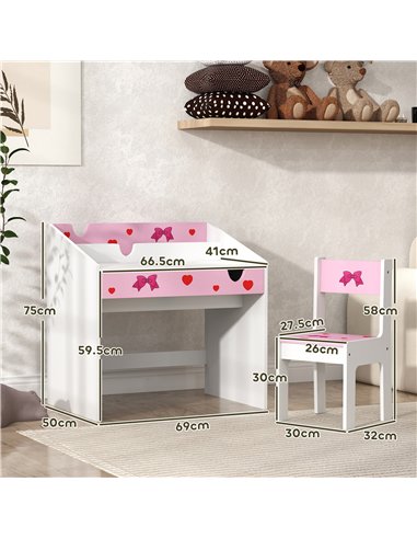 AIYAPLAY Children Study Table and Chair, Kids Desk and Chair Set with Storage, Pull-out Drawer, Gift for 3-6 Years Old - Pink
