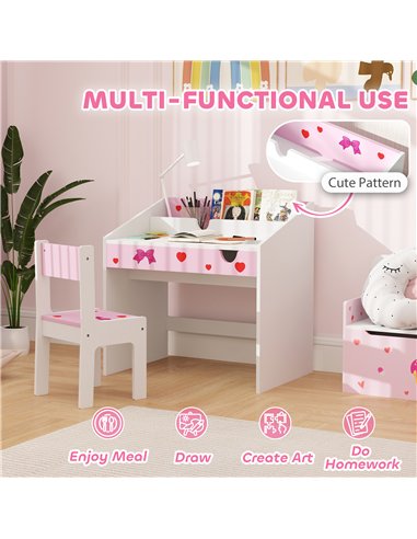 AIYAPLAY Children Study Table and Chair, Kids Desk and Chair Set with Storage, Pull-out Drawer, Gift for 3-6 Years Old - Pink