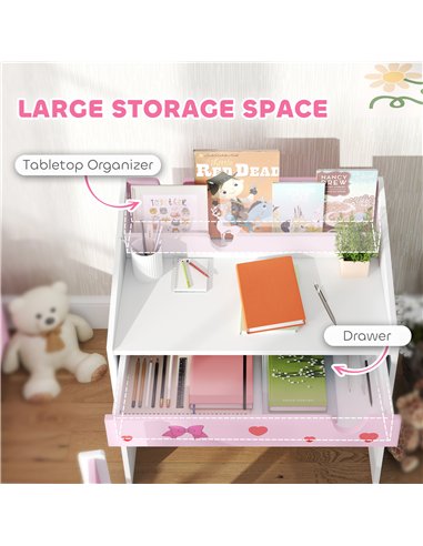 AIYAPLAY Children Study Table and Chair, Kids Desk and Chair Set with Storage, Pull-out Drawer, Gift for 3-6 Years Old - Pink