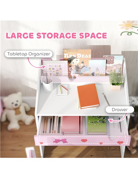 AIYAPLAY Children Study Table and Chair, Kids Desk and Chair Set with Storage, Pull-out Drawer, Gift for 3-6 Years Old - Pink - pic 126673 | FastDaddyshop