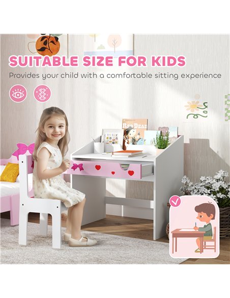 AIYAPLAY Children Study Table and Chair, Kids Desk and Chair Set with Storage, Pull-out Drawer, Gift for 3-6 Years Old - Pink - pic 126674 | FastDaddyshop