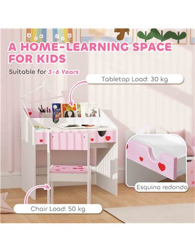 AIYAPLAY Children Study Table and Chair, Kids Desk and Chair Set with Storage, Pull-out Drawer, Gift for 3-6 Years Old - Pink