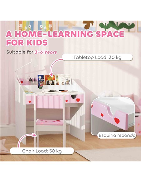 AIYAPLAY Children Study Table and Chair, Kids Desk and Chair Set with Storage, Pull-out Drawer, Gift for 3-6 Years Old - Pink - pic 126675 | FastDaddyshop