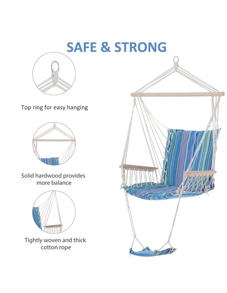 Outsunny Outdoor Hammock Hanging Rope Chair Garden Yard Patio Swing Seat Wooden w/ Footrest Armrest Cotton Cloth (Blue) - pic 12668 | FastDaddyshop