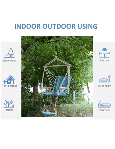 Outsunny Outdoor Hammock Hanging Rope Chair Garden Yard Patio Swing Seat Wooden w/ Footrest Armrest Cotton Cloth (Blue)
