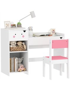 AIYAPLAY Rabbit Themed Kids Desk and Chair Set with Bookcase, Drawers, Storage Shelves, for 3-6 Years, White