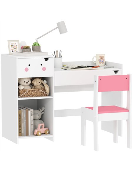 AIYAPLAY Rabbit Themed Kids Desk and Chair Set with Bookcase, Drawers, Storage Shelves, for 3-6 Years, White - pic 126696 | FastDaddyshop