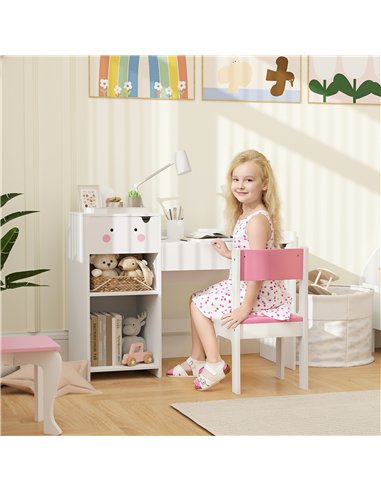 AIYAPLAY Rabbit Themed Kids Desk and Chair Set with Bookcase, Drawers, Storage Shelves, for 3-6 Years, White