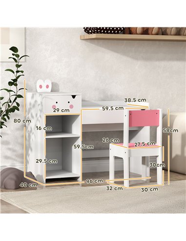 AIYAPLAY Rabbit Themed Kids Desk and Chair Set with Bookcase, Drawers, Storage Shelves, for 3-6 Years, White