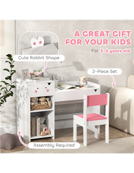 AIYAPLAY Rabbit Themed Kids Desk and Chair Set with Bookcase, Drawers, Storage Shelves, for 3-6 Years, White - pic 126699 | FastDaddyshop