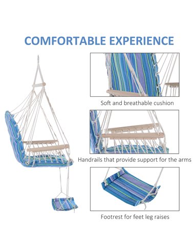 Outsunny Outdoor Hammock Hanging Rope Chair Garden Yard Patio Swing Seat Wooden w/ Footrest Armrest Cotton Cloth (Blue)