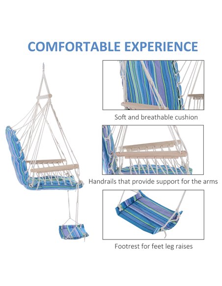 Outsunny Outdoor Hammock Hanging Rope Chair Garden Yard Patio Swing Seat Wooden w/ Footrest Armrest Cotton Cloth (Blue) - pic 12670 | FastDaddyshop