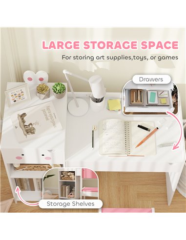 AIYAPLAY Rabbit Themed Kids Desk and Chair Set with Bookcase, Drawers, Storage Shelves, for 3-6 Years, White