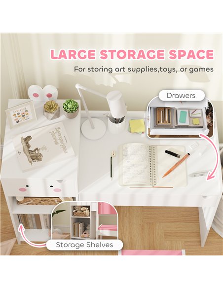 AIYAPLAY Rabbit Themed Kids Desk and Chair Set with Bookcase, Drawers, Storage Shelves, for 3-6 Years, White - pic 126700 | FastDaddyshop
