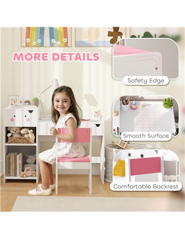 AIYAPLAY Rabbit Themed Kids Desk and Chair Set with Bookcase, Drawers, Storage Shelves, for 3-6 Years, White