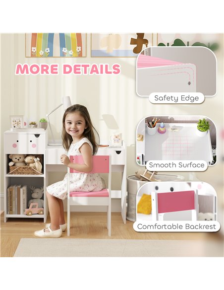 AIYAPLAY Rabbit Themed Kids Desk and Chair Set with Bookcase, Drawers, Storage Shelves, for 3-6 Years, White - pic 126701 | FastDaddyshop