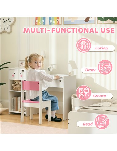 AIYAPLAY Rabbit Themed Kids Desk and Chair Set with Bookcase, Drawers, Storage Shelves, for 3-6 Years, White