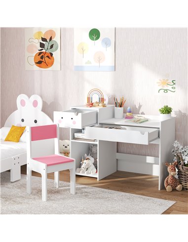 AIYAPLAY Rabbit Themed Kids Desk and Chair Set with Bookcase, Drawers, Storage Shelves, for 3-6 Years, White