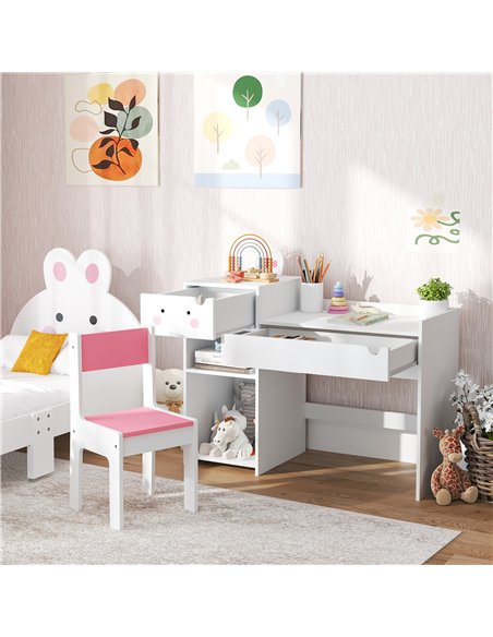 AIYAPLAY Rabbit Themed Kids Desk and Chair Set with Bookcase, Drawers, Storage Shelves, for 3-6 Years, White - pic 126703 | FastDaddyshop