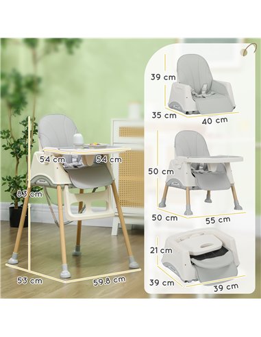AIYAPLAY 3-in-1 Foldable High Chair for Babies, Toddlers, with Safety Harness, Washable Removable Seat Cushion, Tray, Grey