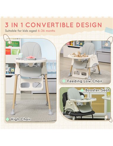 AIYAPLAY 3-in-1 Foldable High Chair for Babies, Toddlers, with Safety Harness, Washable Removable Seat Cushion, Tray, Grey