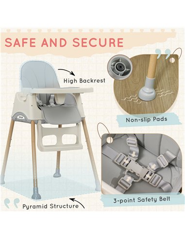 AIYAPLAY 3-in-1 Foldable High Chair for Babies, Toddlers, with Safety Harness, Washable Removable Seat Cushion, Tray, Grey