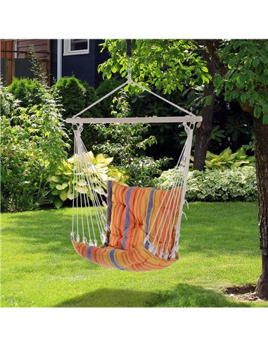 Outsunny Outdoor Hammock Hanging Rope Cushioned Chair Garden Yard Patio Swing Seat Wooden Cotton Cloth (Orange)