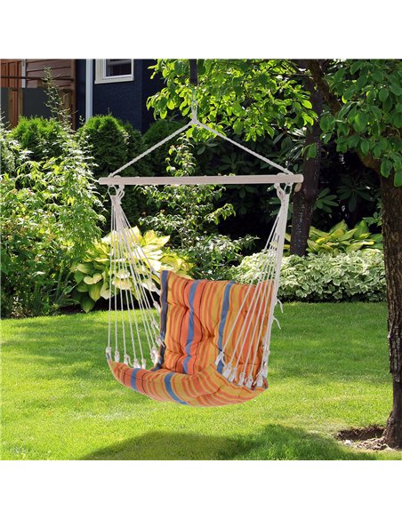 Outsunny Outdoor Hammock Hanging Rope Cushioned Chair Garden Yard Patio Swing Seat Wooden Cotton Cloth (Orange) - pic 12674 | FastDaddyshop